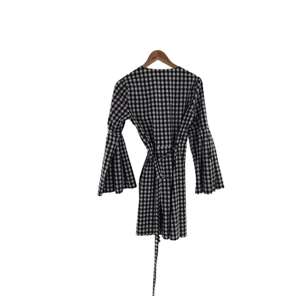 BB DAKOTA Alter‎ Ego Bell Sleeve Black White Gingham Wrap Mini Dress Small - Picture 5 of 7
